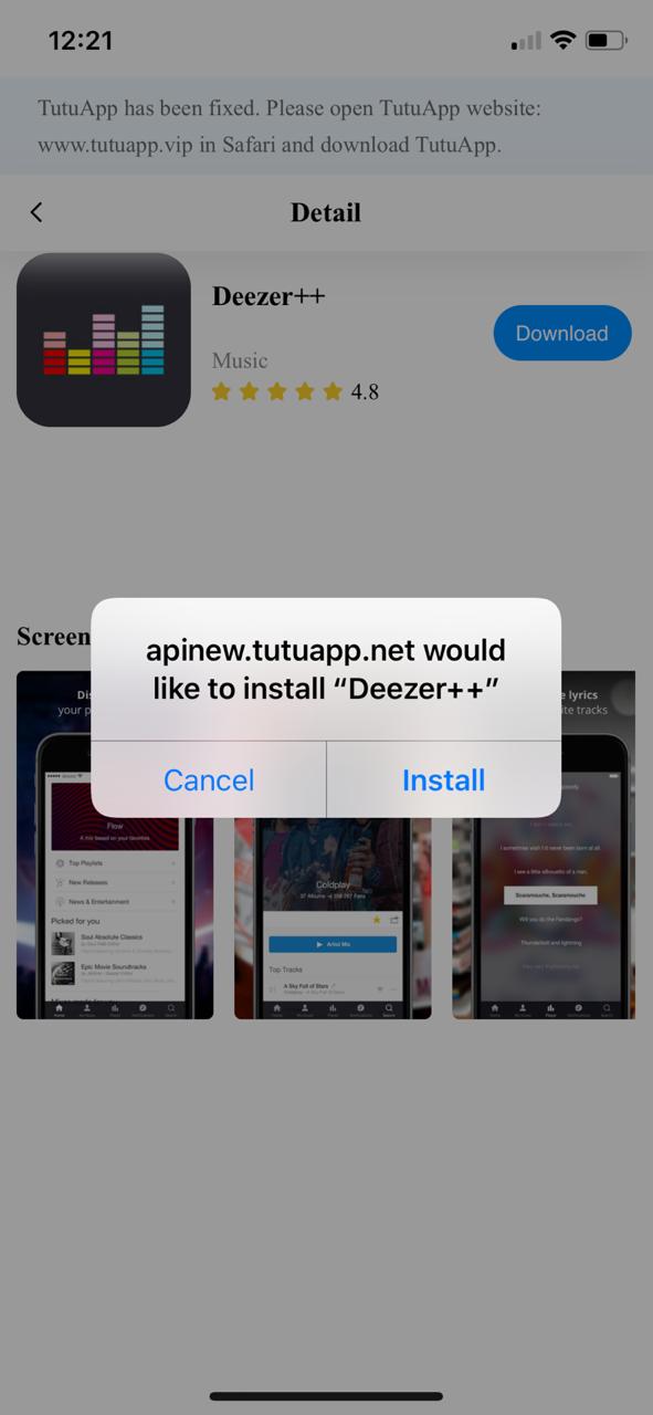 Click on install Deezer++ TuTuApp