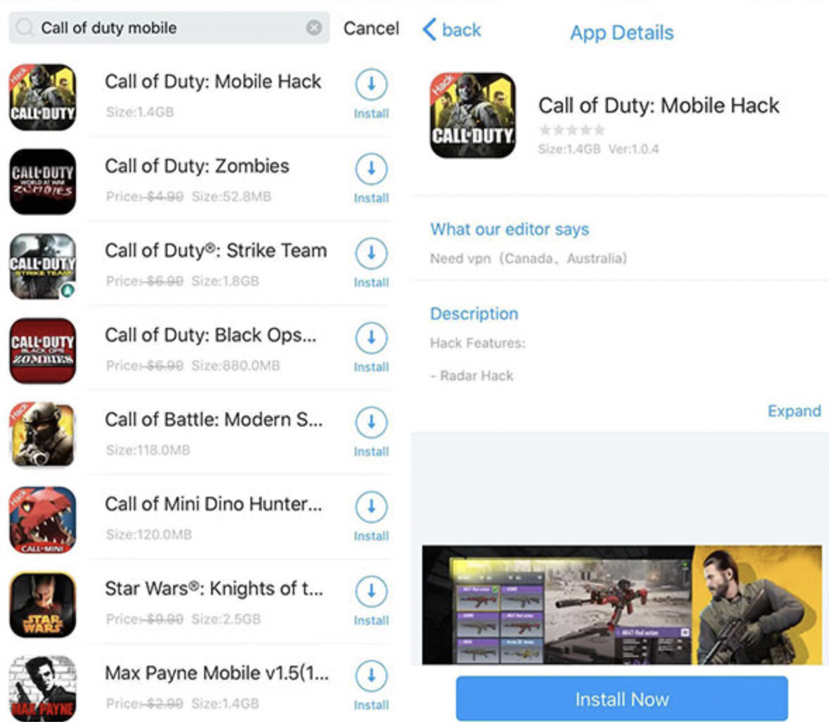 Search for Call of Duty Mobile Hack Game on iPhone and iPad