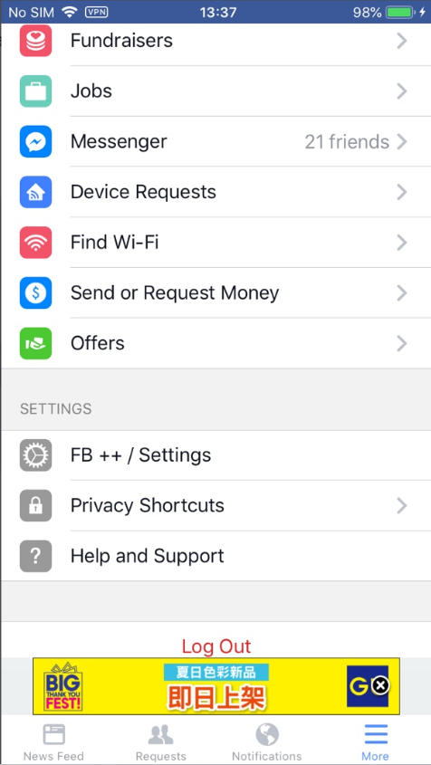 Settings page of Facebook++ on iPhone