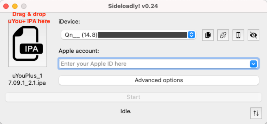 Drag IPA file into Sideloadly